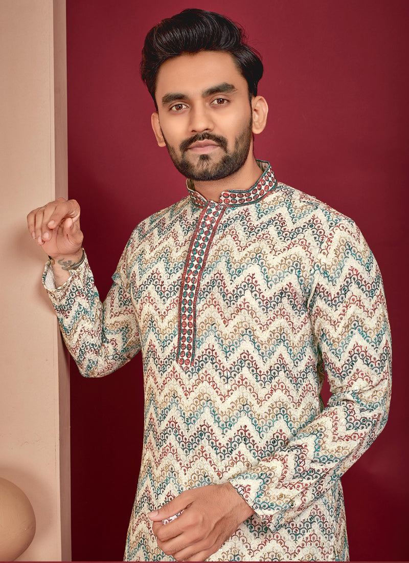 Front view of an off-white men's rayon kurta with traditional Lucknowi stitching.