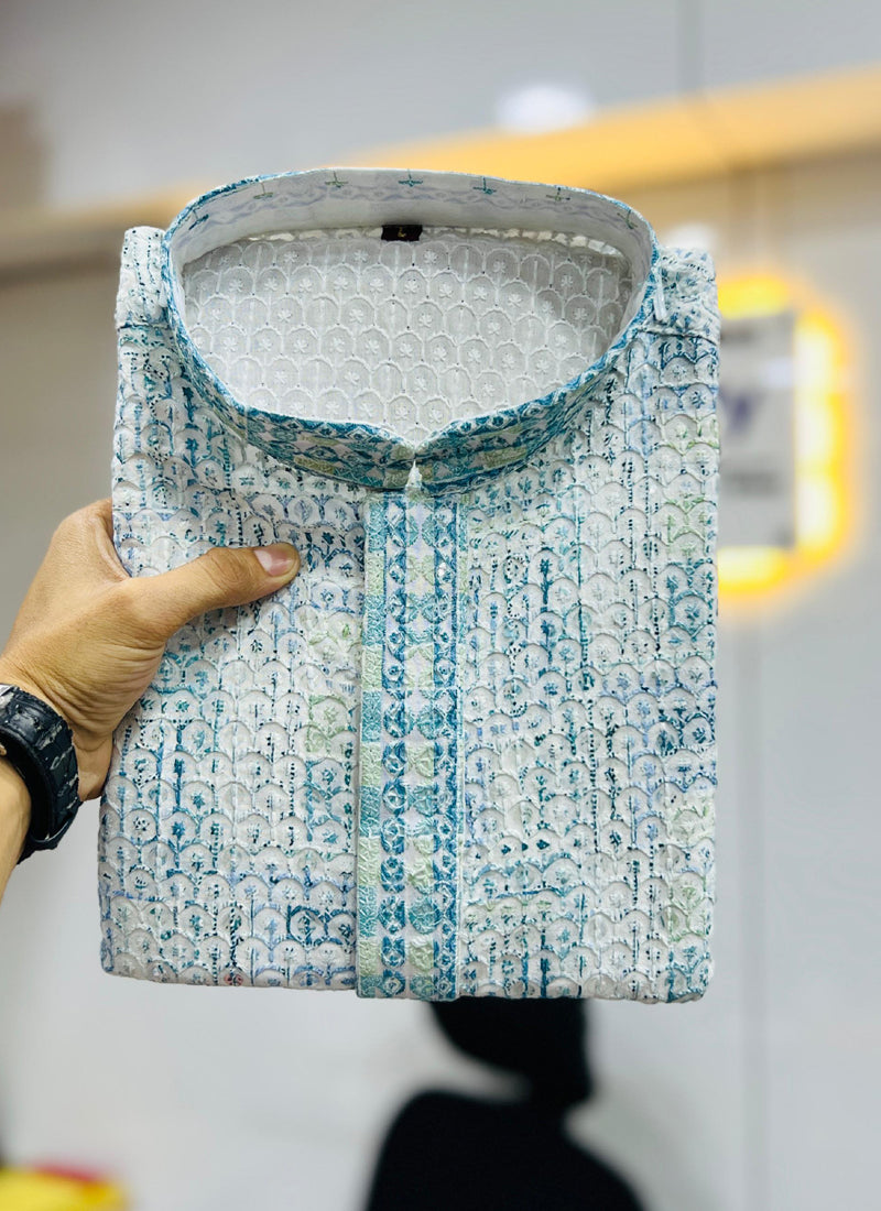 Off White Rayon Kurta with Traditional Lucknowi Embroidery Work