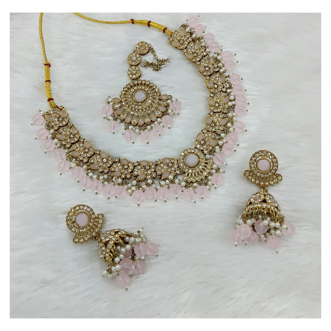Sophisticated light pink stone work necklace set with matching earrings