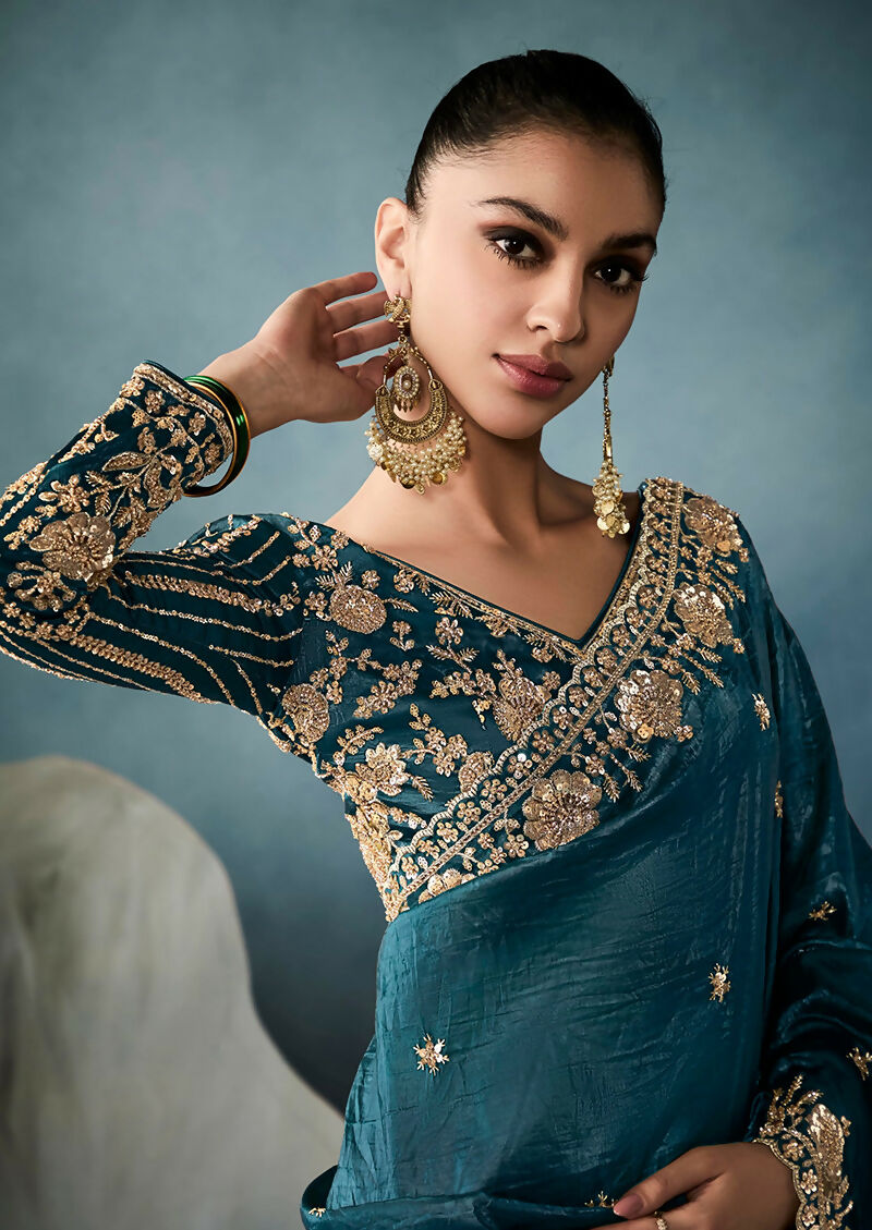 Teal Tissue Saree with Sequins and Zari Embroidery Work