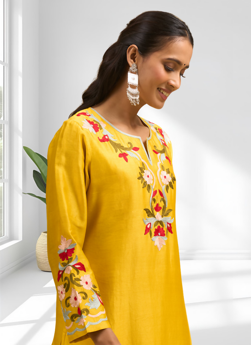 Yellow Silk Embroidered Long Kurta with Matching Pant Set