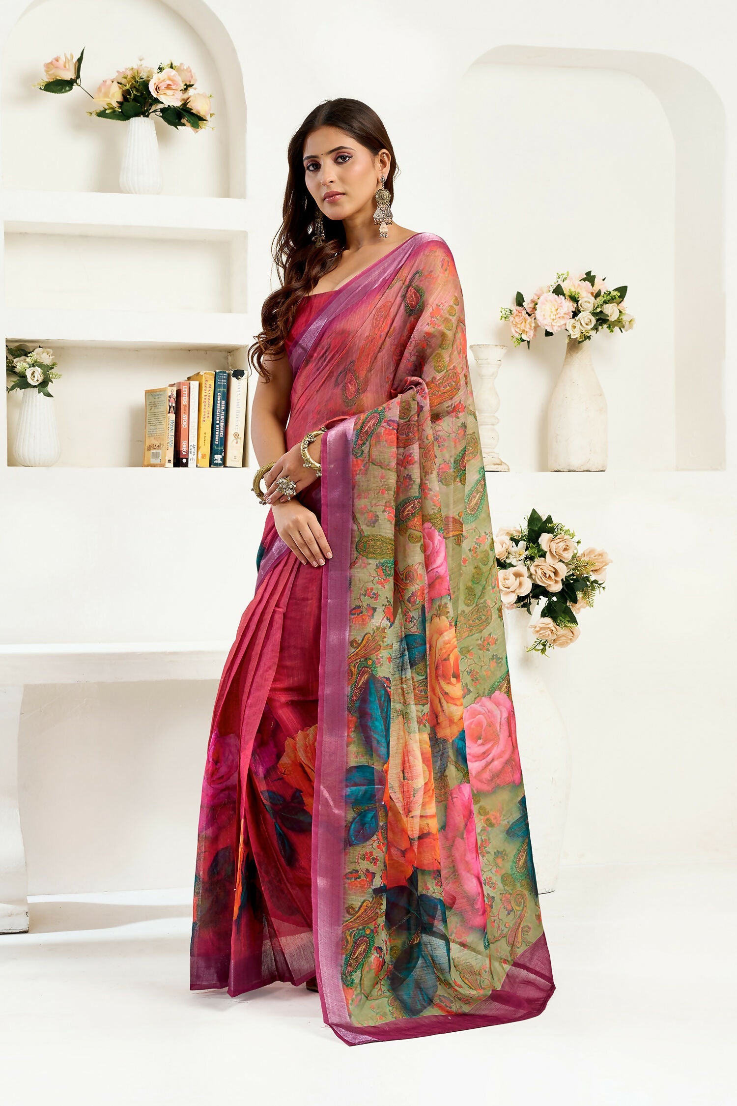 Onion Pink Floral Linen Ready To Wear Saree with Unstitched Blouse