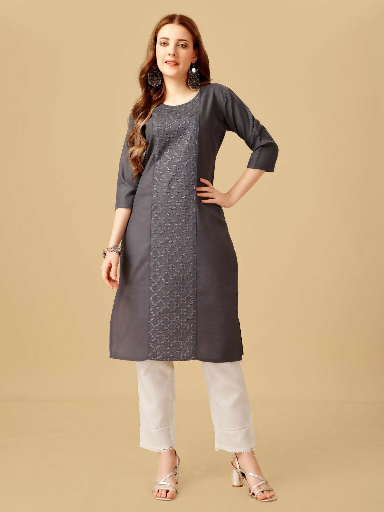 Grey Cotton Blend Embroidered Kurta Pant Set with Sequence Details