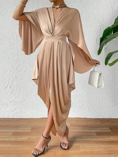 Women's Pleated Wave Dress with Cape Sleeves and High Slit - Image 17