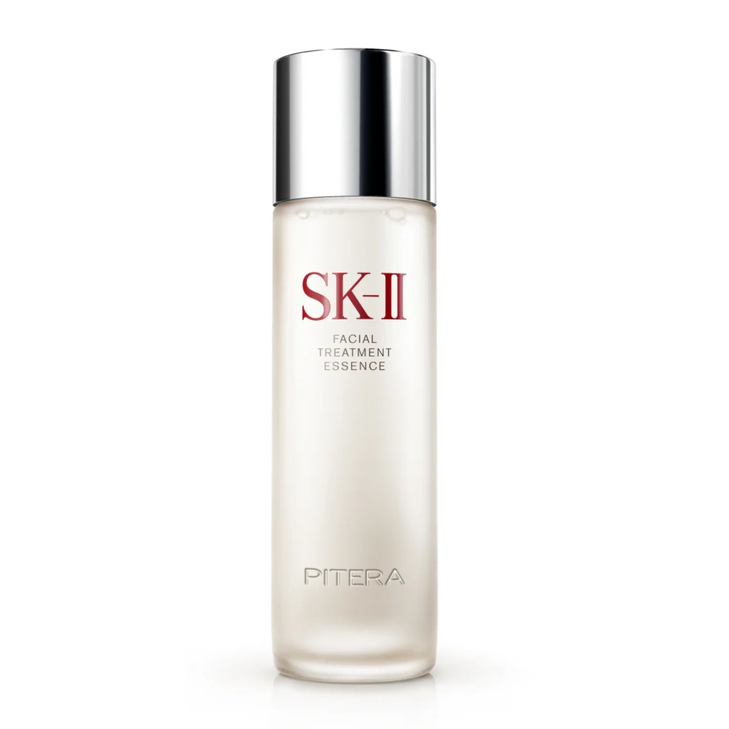 Clear glass bottle of SK-II Pitera Facial Treatment Essence on a clean background