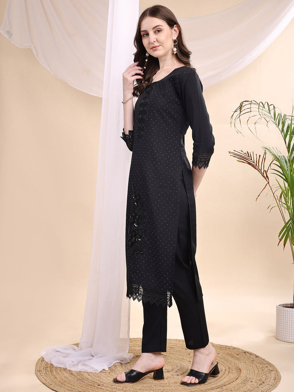 Black Chanderi Kurta Set with Swarovski and Bead Embroidery