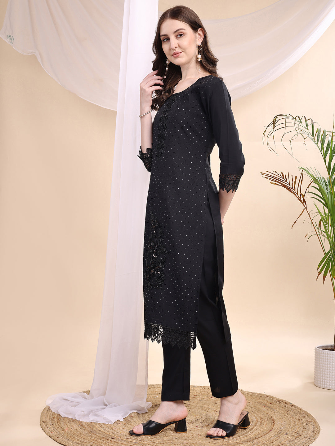 Black Chanderi Kurta Set with Swarovski and Bead Embroidery