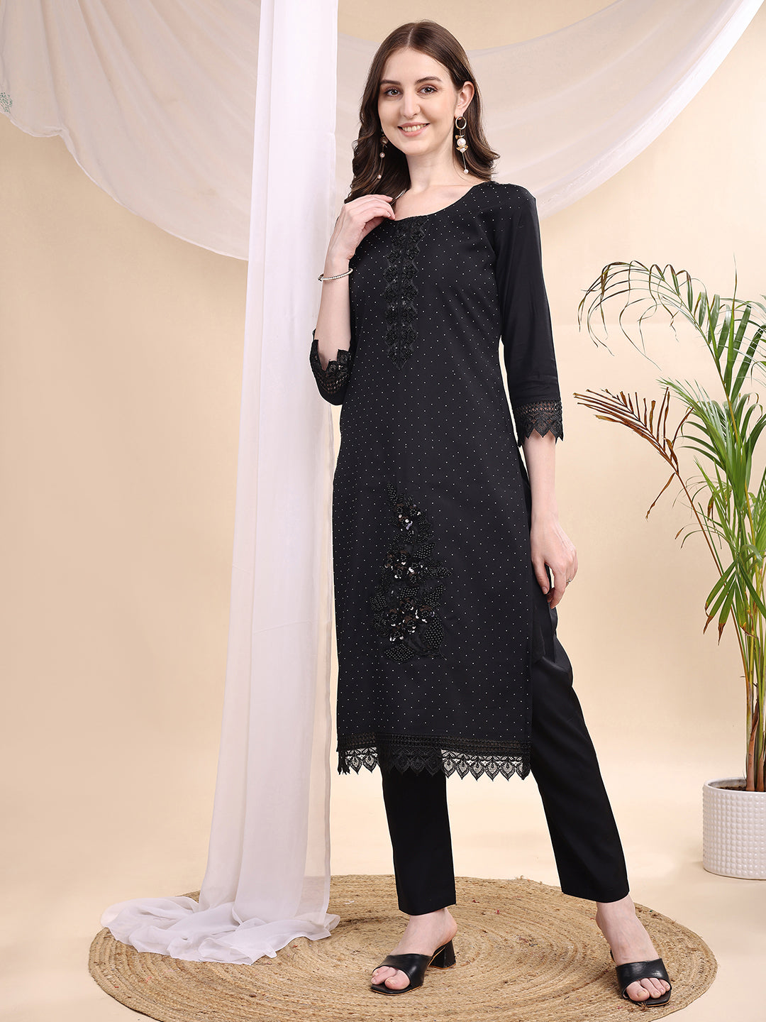 Black Chanderi Kurta Set with Swarovski and Bead Embroidery