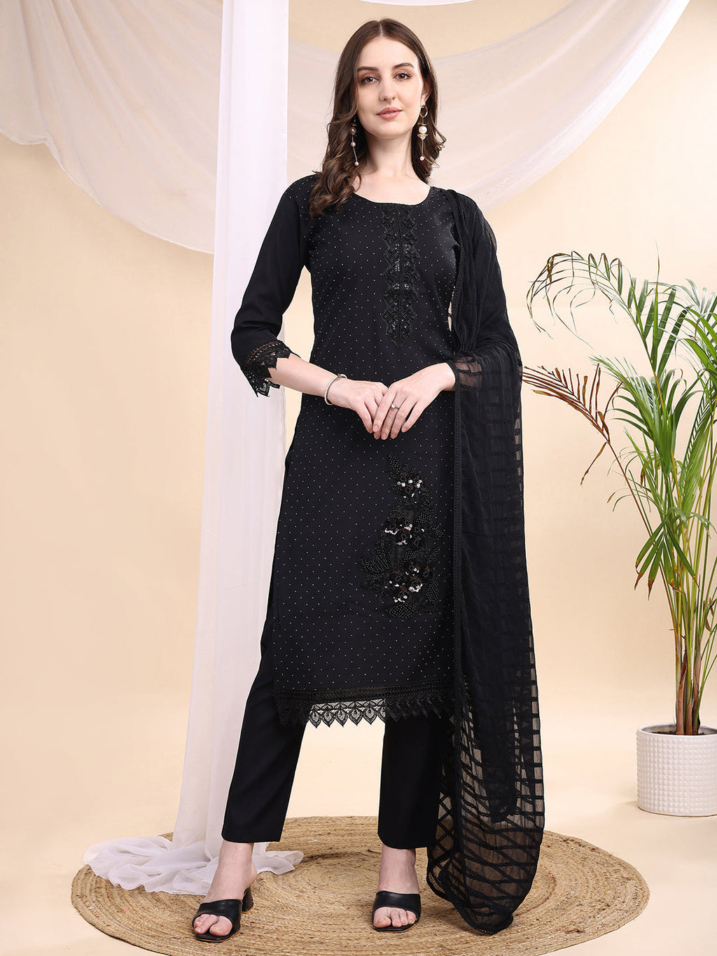 Black Chanderi kurta set featuring bead and Swarovski crystal embroidery