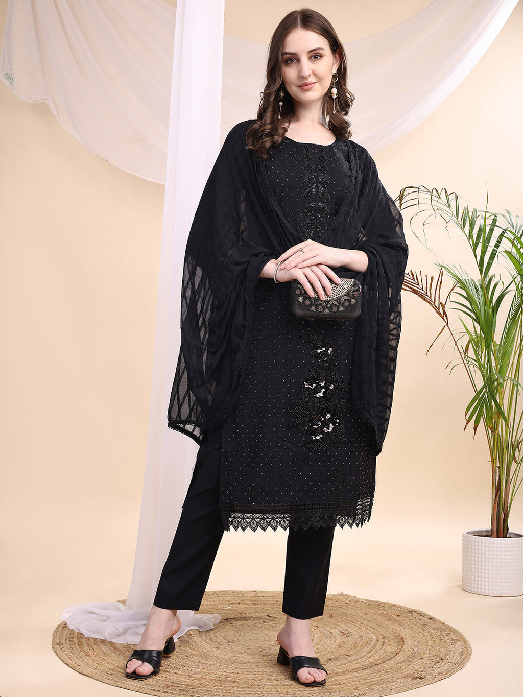 Black Chanderi Kurta Set with Swarovski and Bead Embroidery