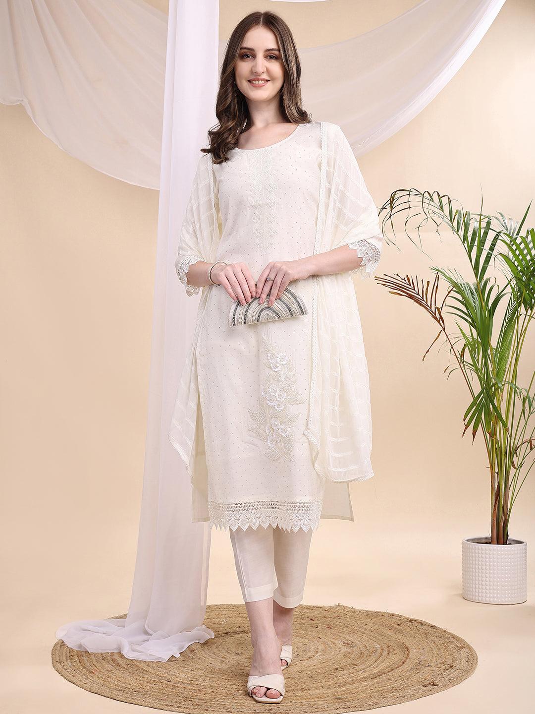 Beads & Swarovski Embroidered Kurta With Pant & Dupatta, White - Hiral Fashion