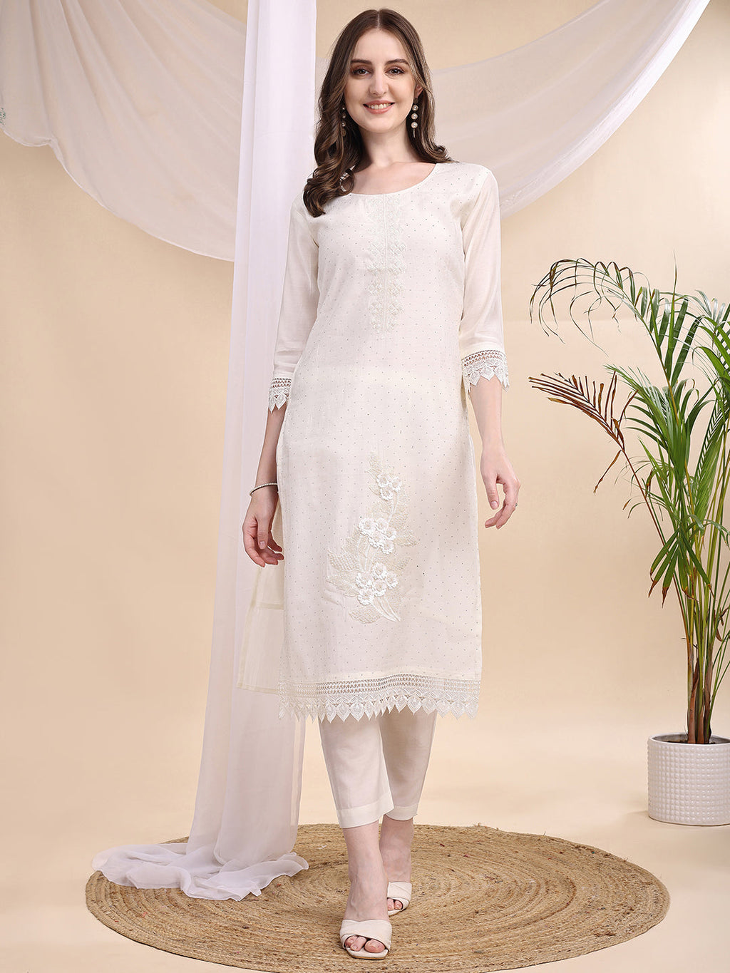 Beads & Swarovski Embroidered Kurta With Pant & Dupatta, White - Hiral Fashion