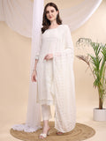 Beads & Swarovski Embroidered Kurta With Pant & Dupatta, White - Hiral Fashion