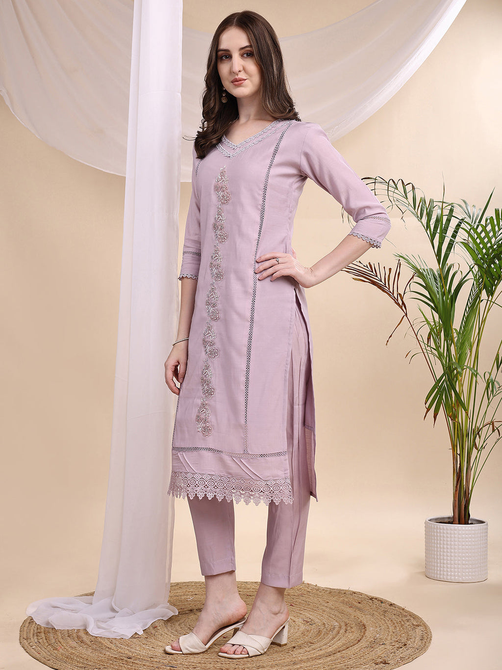Lavender Chanderi Embroidered Kurta with Pant and Dupatta Set