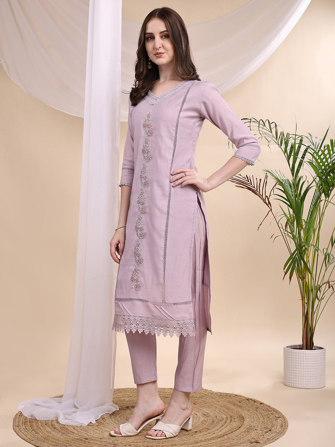 Lavender Chanderi Embroidered Kurta with Pant and Dupatta Set