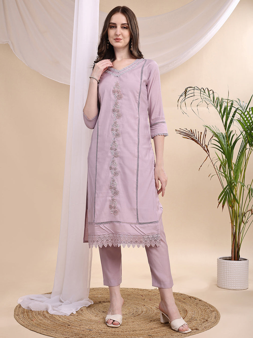 Lavender Chanderi Embroidered Kurta with Pant and Dupatta Set
