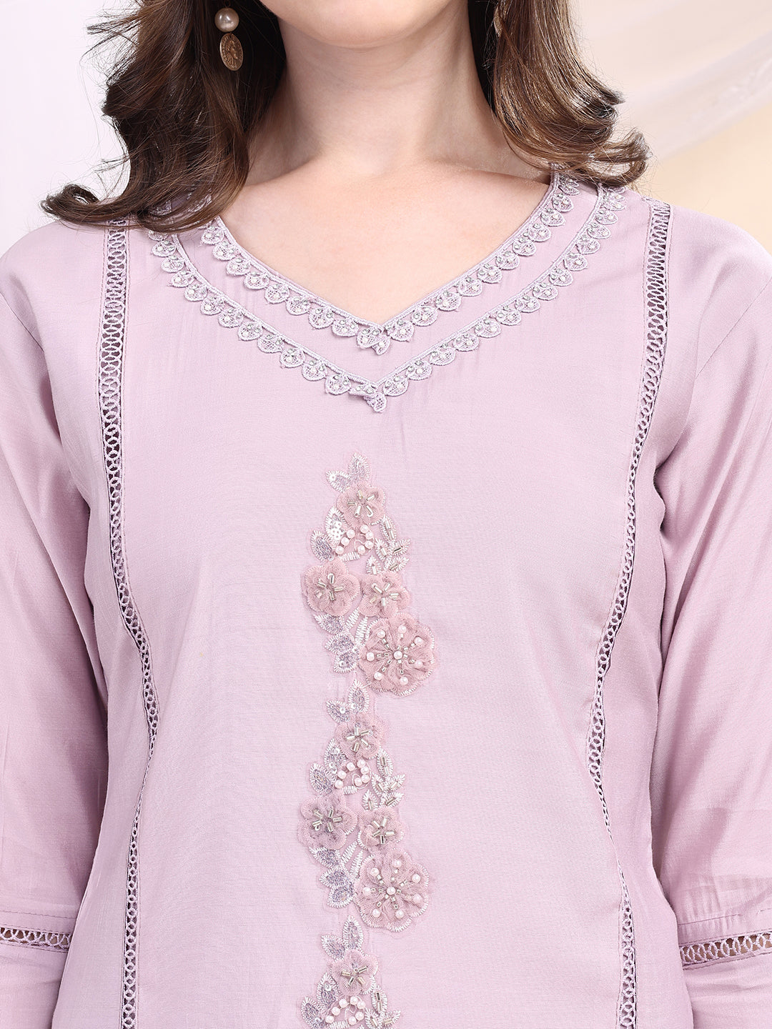 Lavender Chanderi Embroidered Kurta with Pant and Dupatta Set