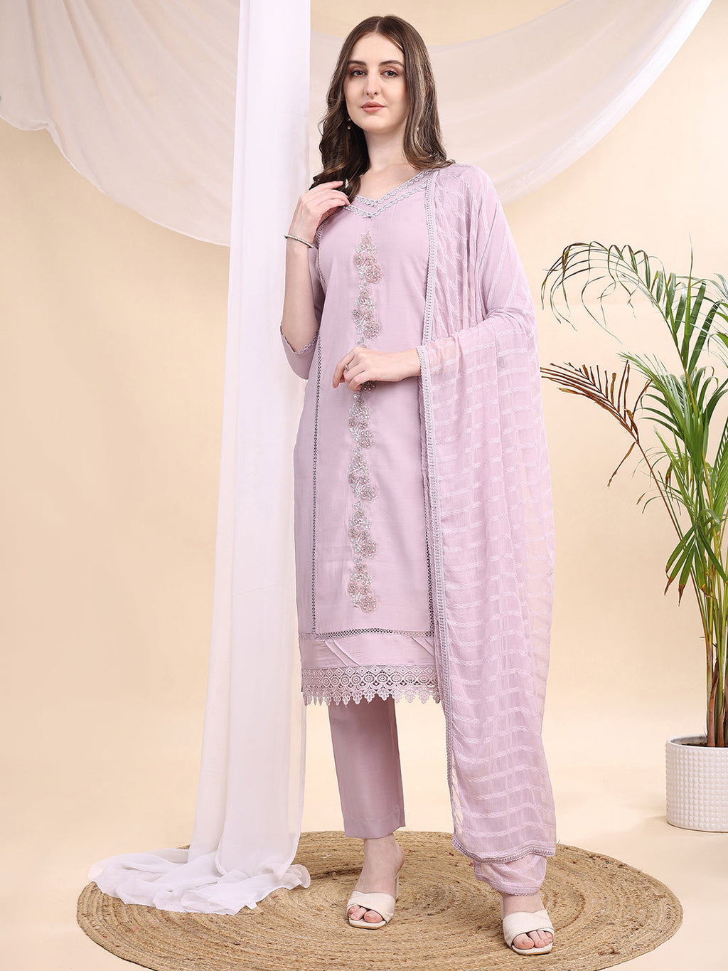 Lavender Chanderi kurta with applique beads and lace embroidery including matching pants and dupatta