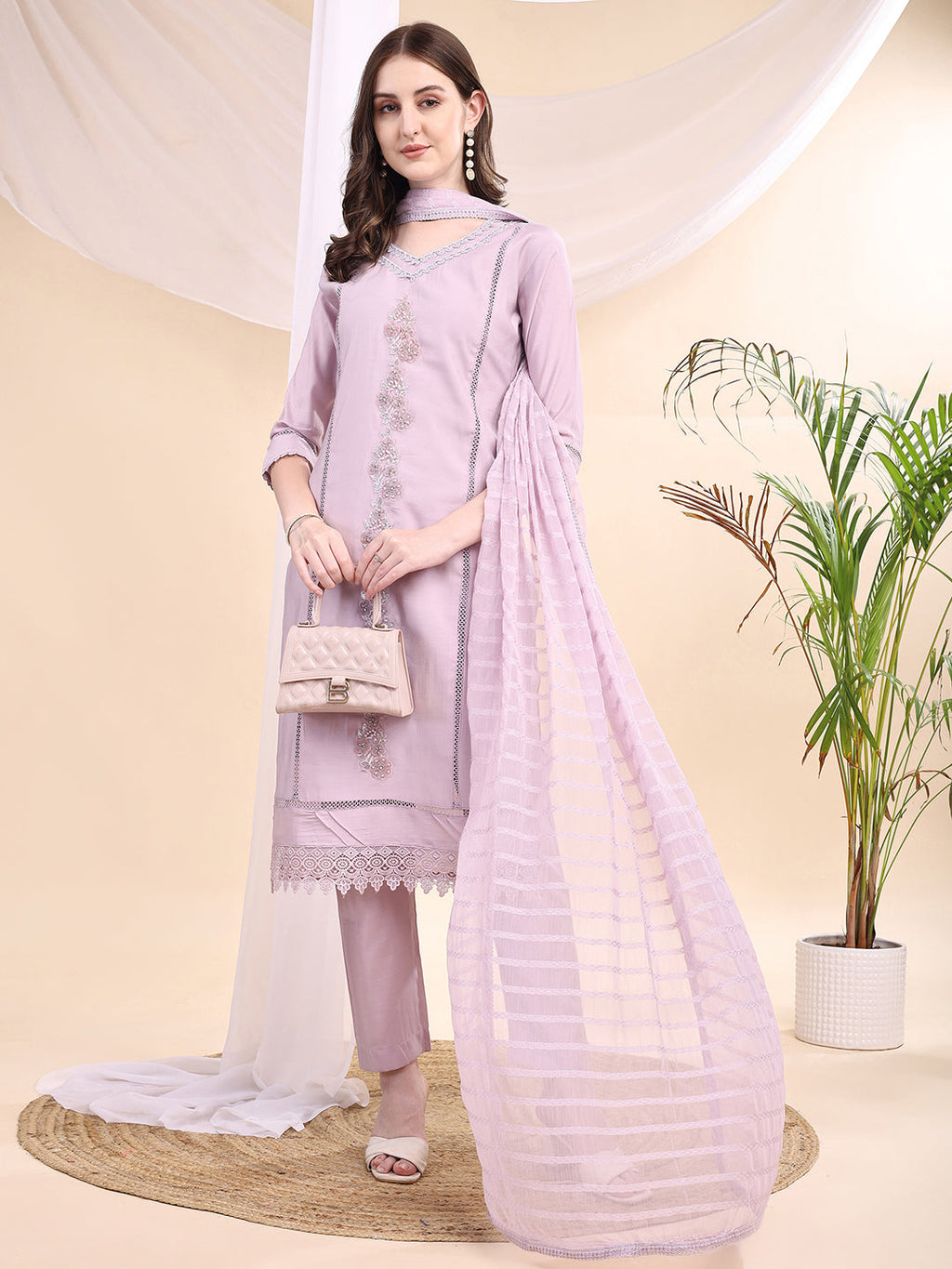Lavender Chanderi Embroidered Kurta with Pant and Dupatta Set