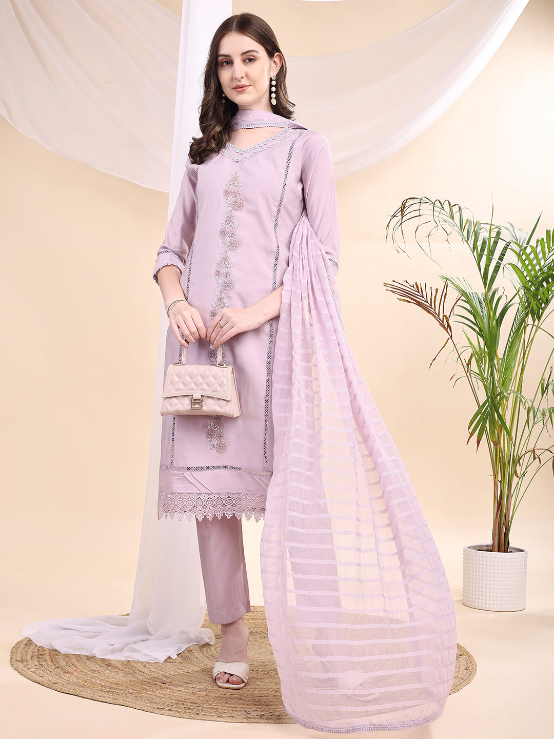 Lavender Chanderi Embroidered Kurta with Pant and Dupatta Set