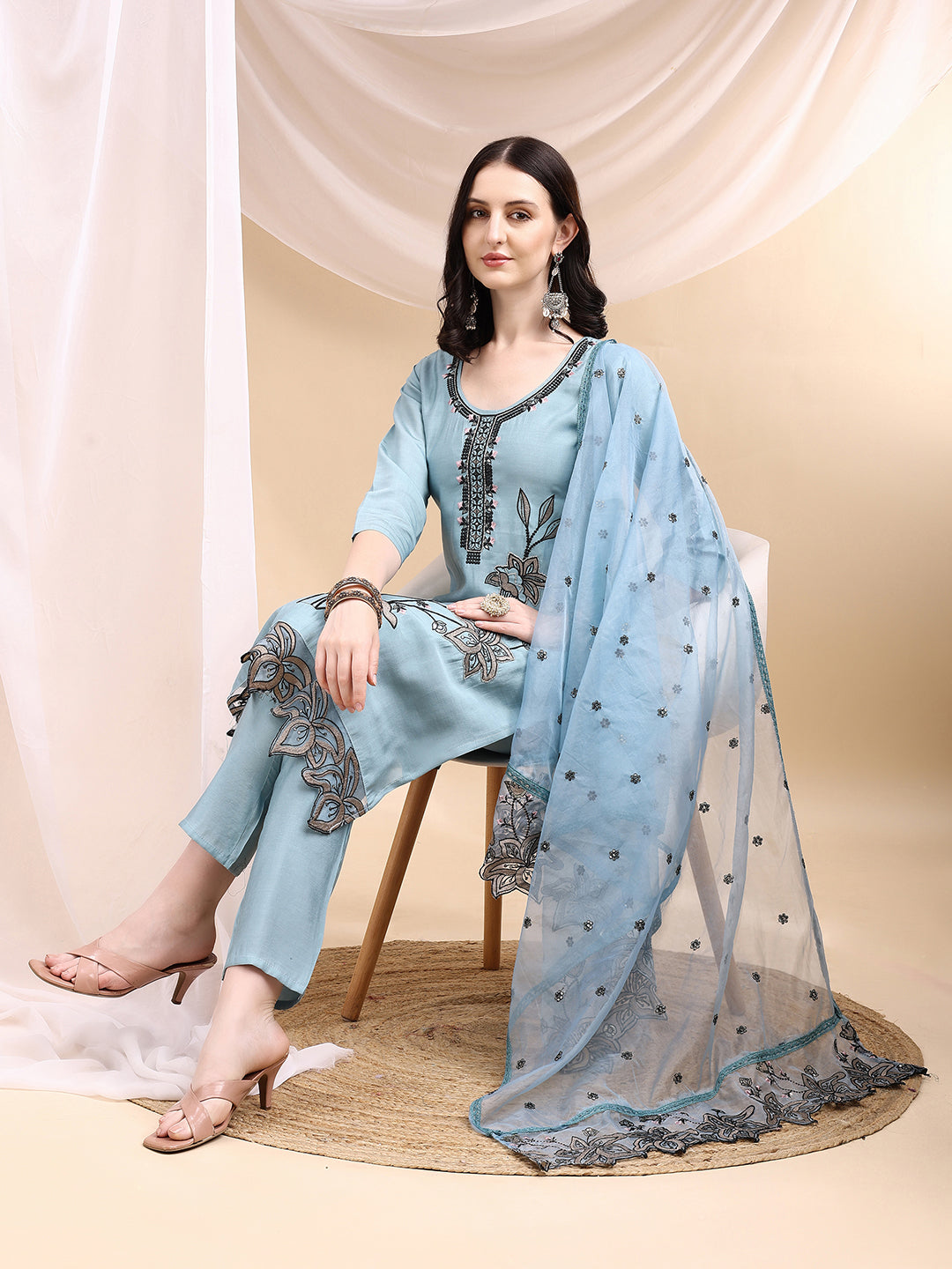 Aqua-Blue Embroidered Chanderi Kurta Set with Pant and Dupatta