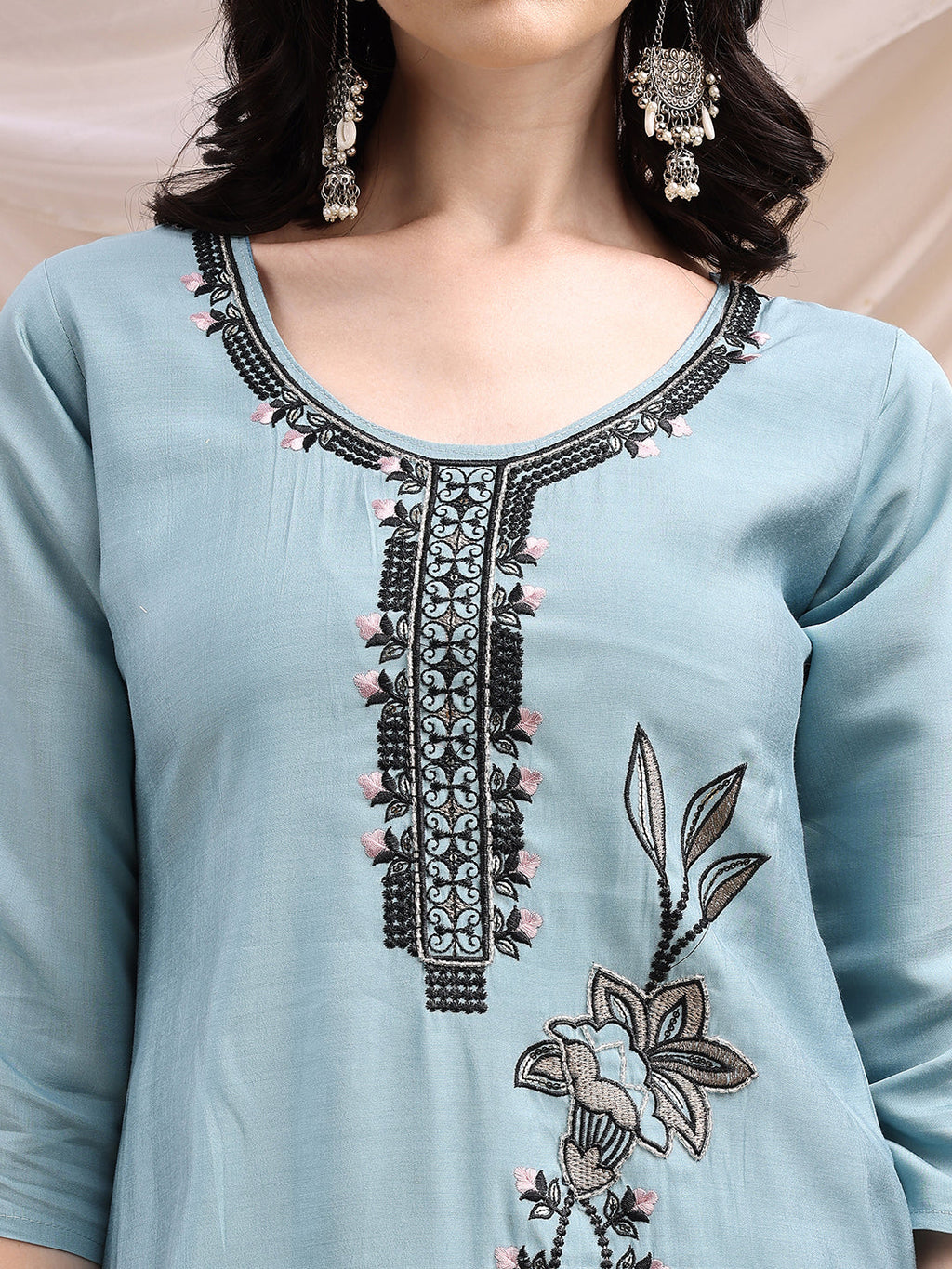 Aqua-Blue Embroidered Chanderi Kurta Set with Pant and Dupatta