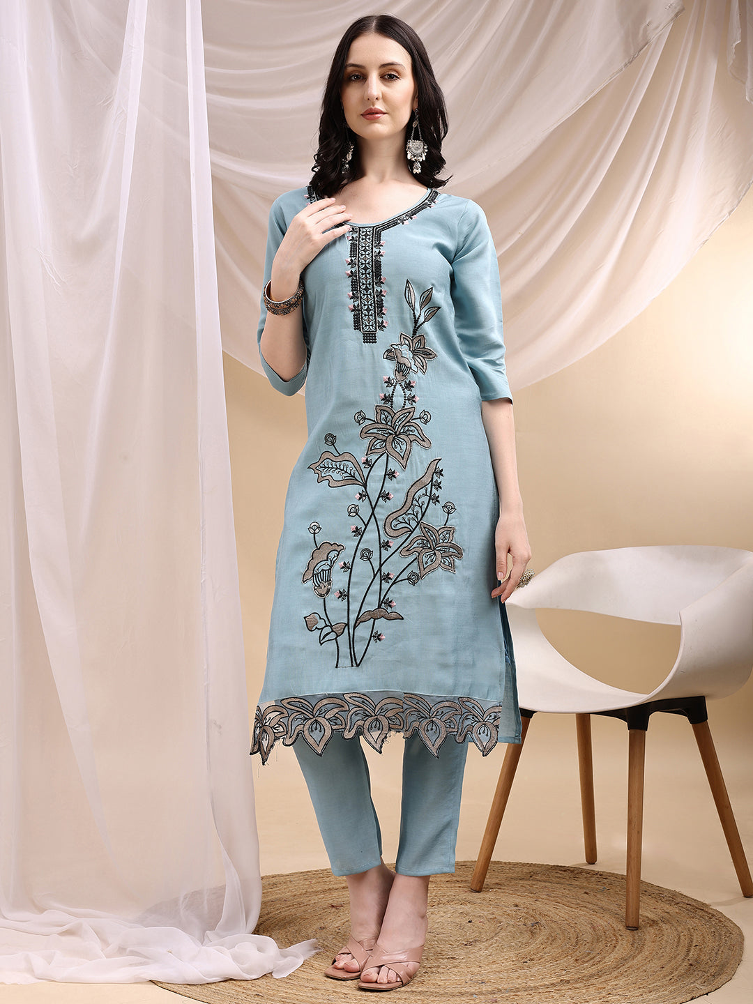 Aqua-Blue Embroidered Chanderi Kurta Set with Pant and Dupatta
