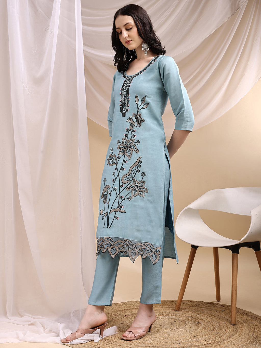 Aqua-Blue Embroidered Chanderi Kurta Set with Pant and Dupatta