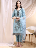 Aqua-blue embroidered Chanderi kurta set with matching pants and embroidered dupatta