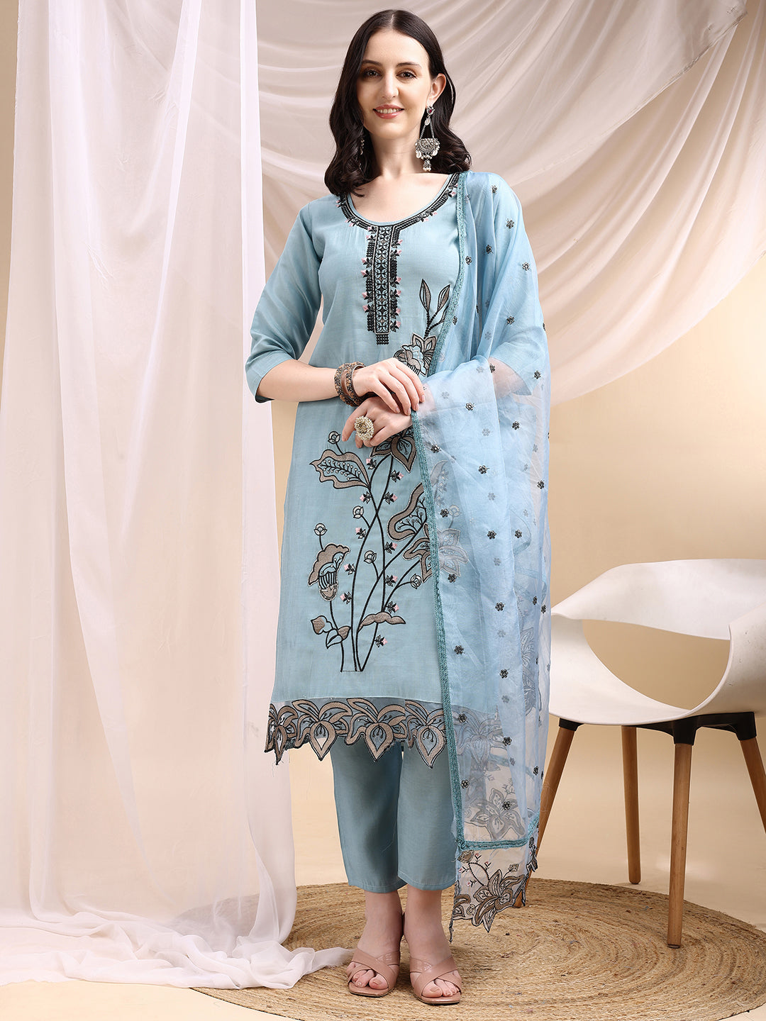 Aqua-blue embroidered Chanderi kurta set with matching pants and embroidered dupatta