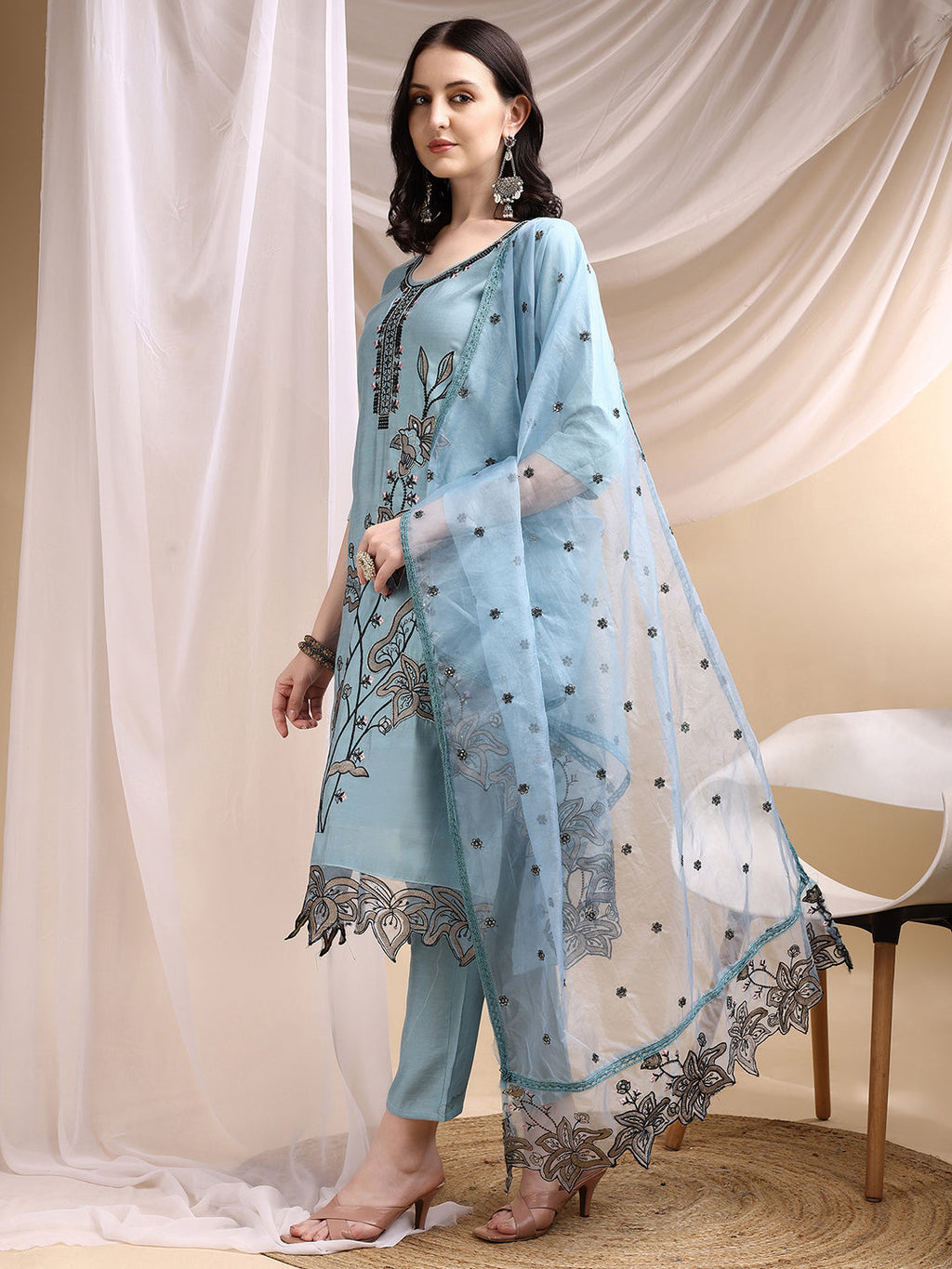 Aqua-Blue Embroidered Chanderi Kurta Set with Pant and Dupatta