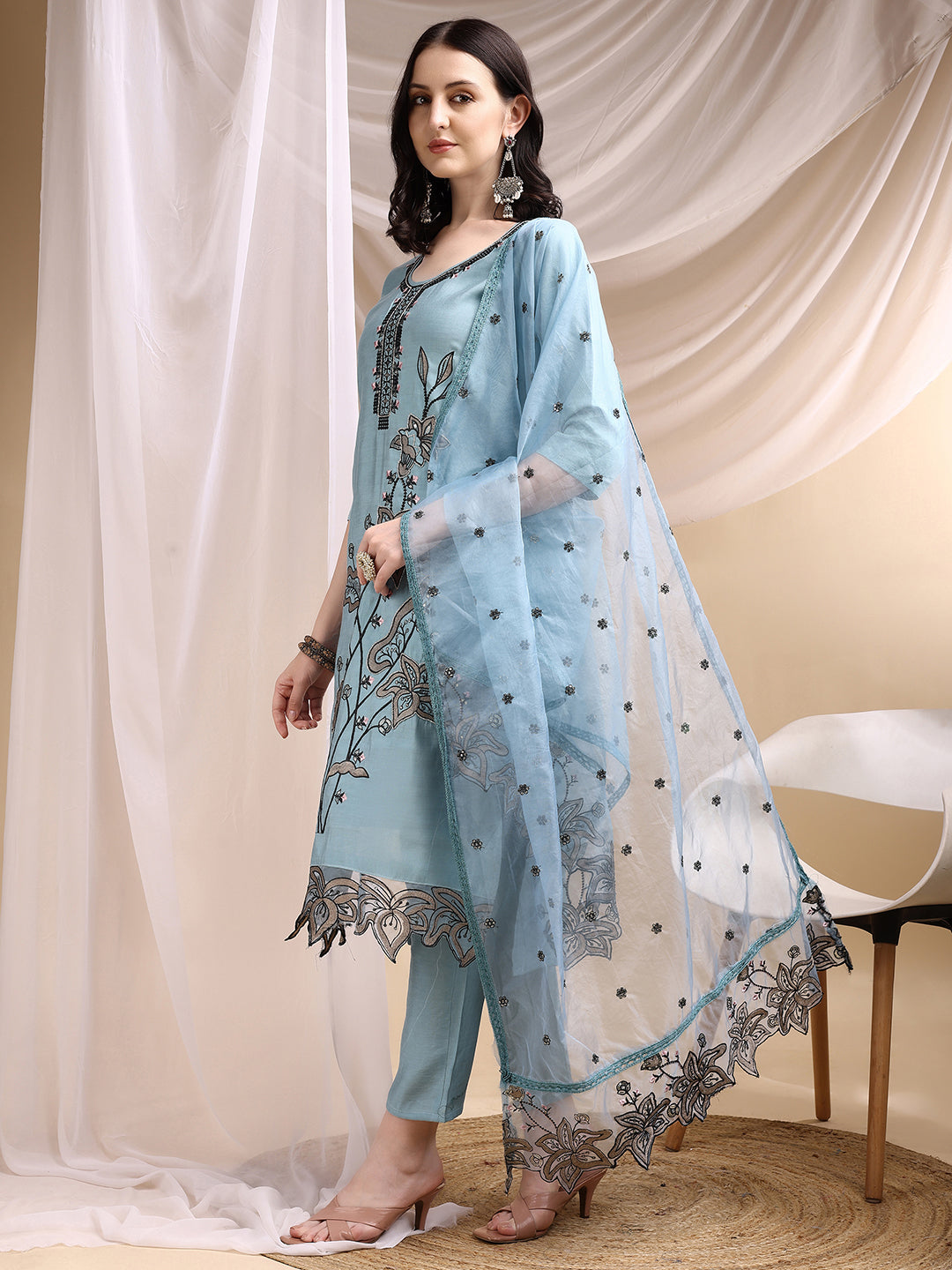 Aqua-Blue Embroidered Chanderi Kurta Set with Pant and Dupatta