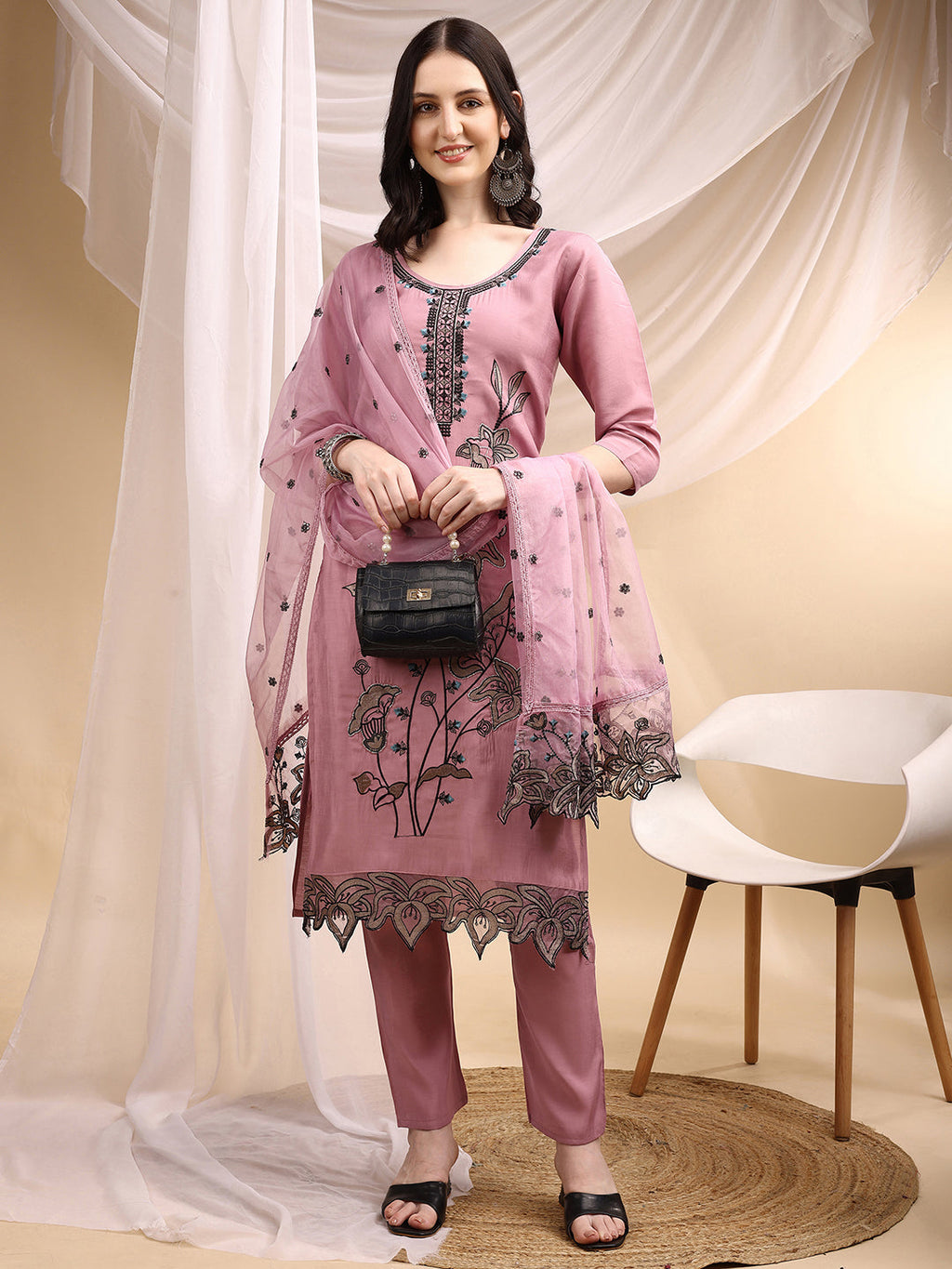 Elegant pink Chanderi kurta set with intricate embroidery, matching pant, and dupatta