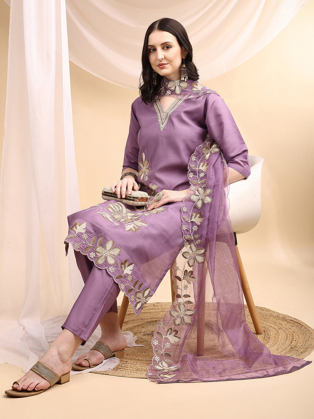 Lavender Chanderi Embroidered Kurta Set with Dupatta