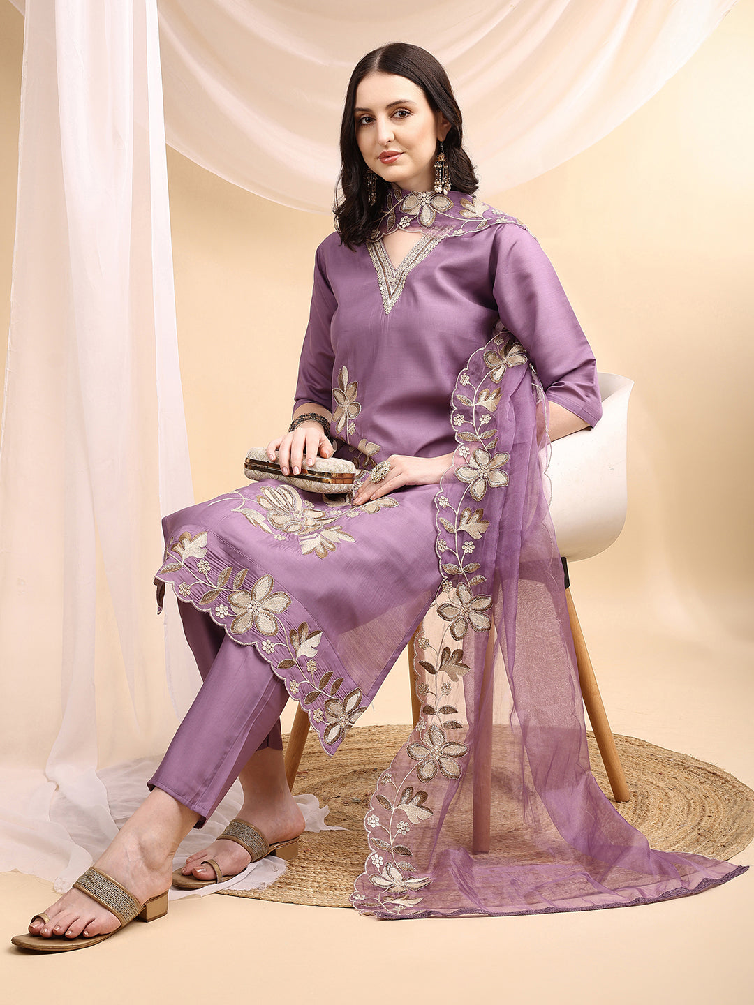 Lavender Chanderi Embroidered Kurta Set with Dupatta