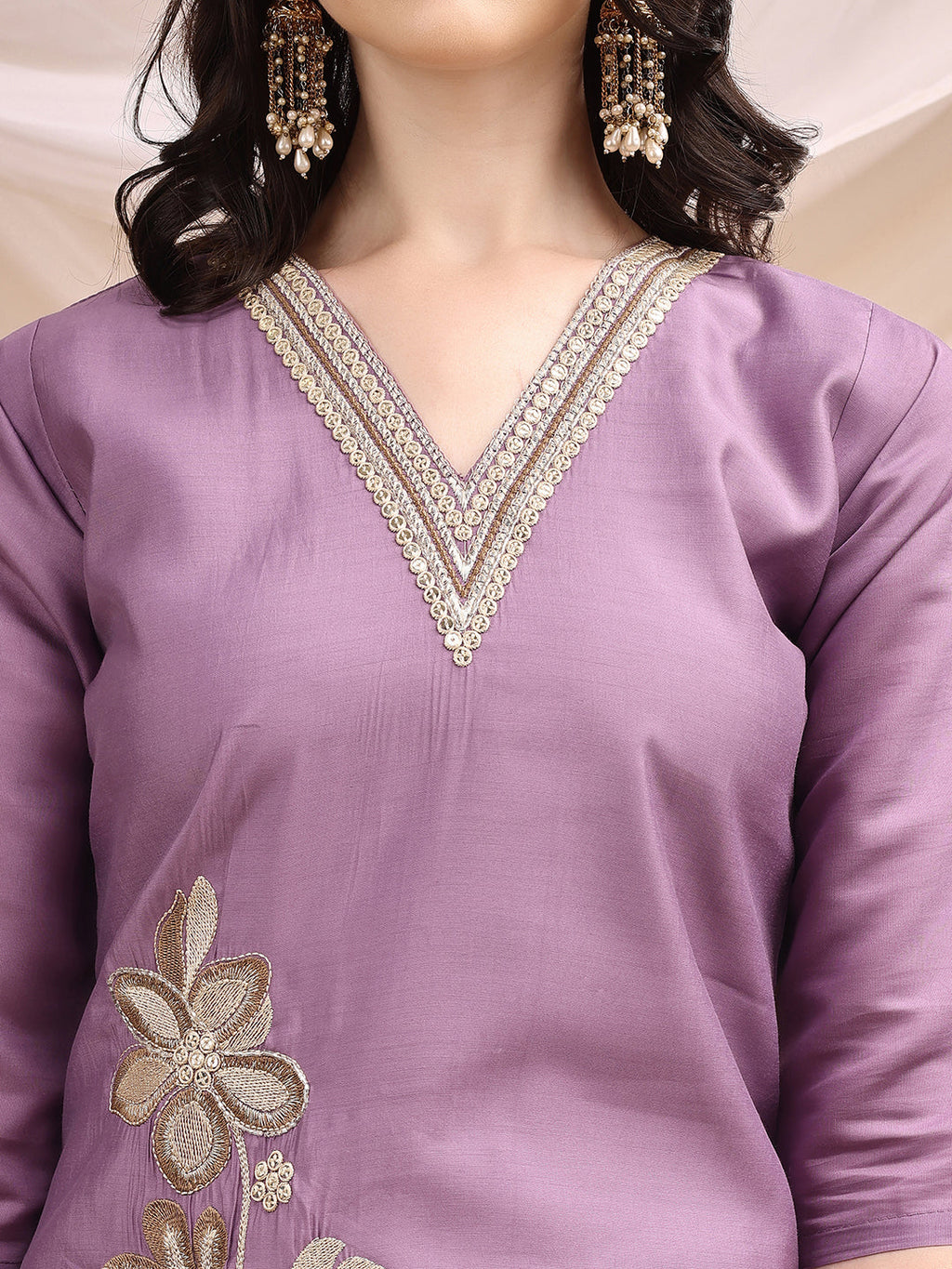 Lavender Chanderi Embroidered Kurta Set with Dupatta