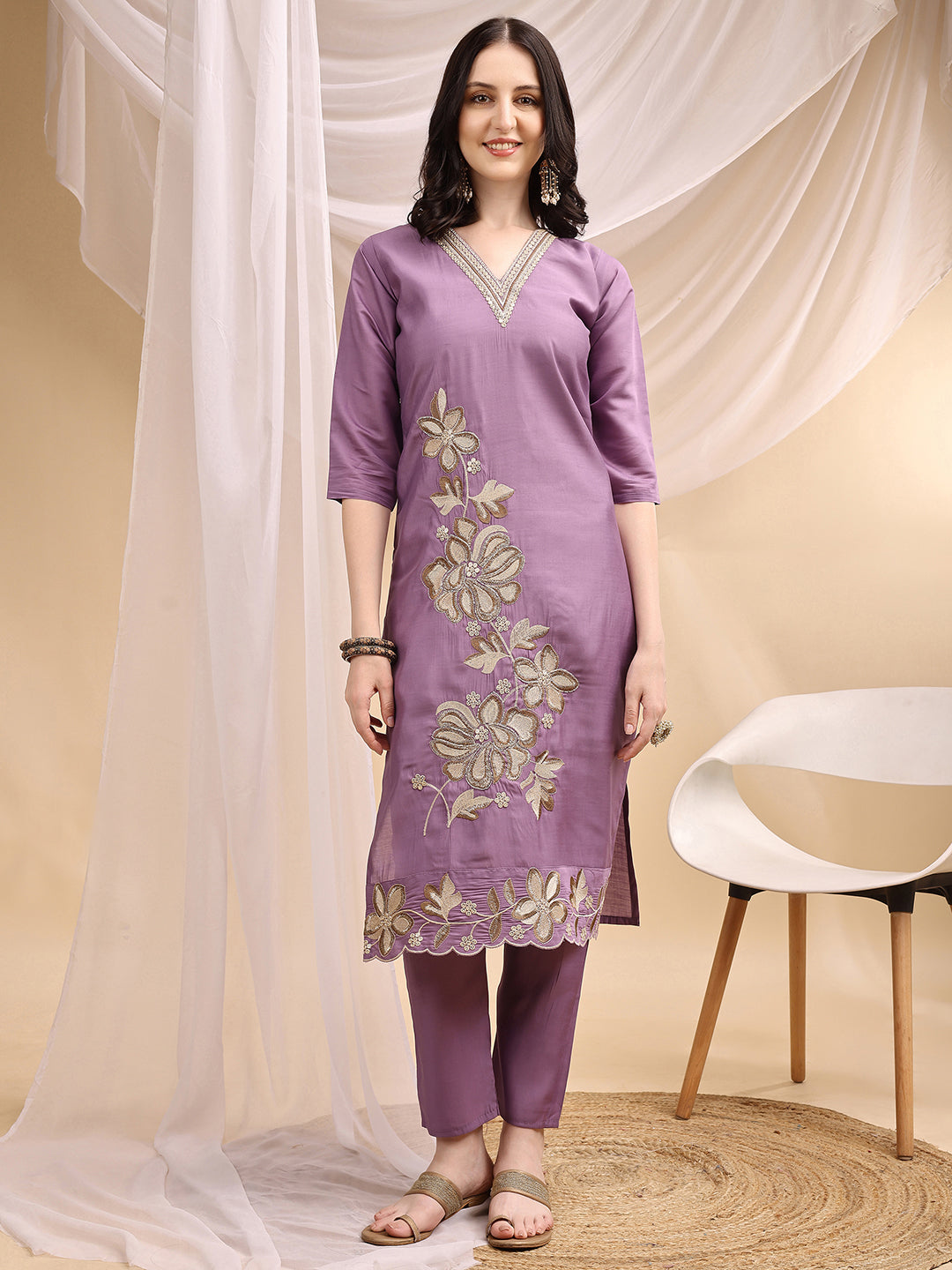 Lavender Chanderi Embroidered Kurta Set with Dupatta