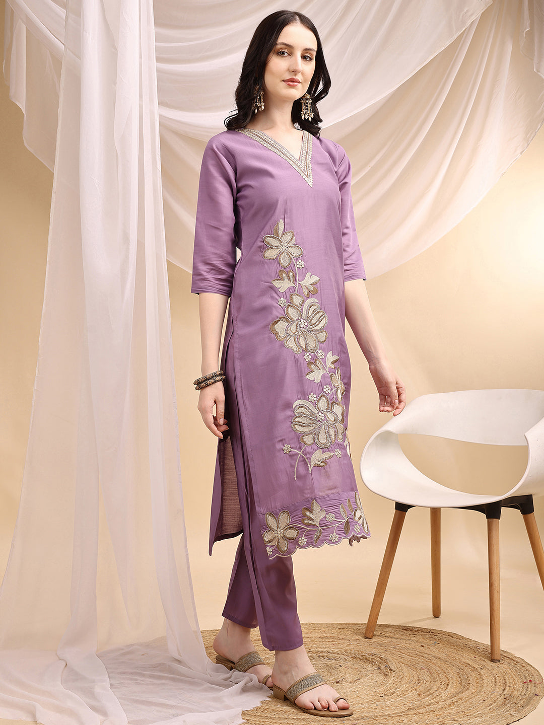Lavender Chanderi Embroidered Kurta Set with Dupatta