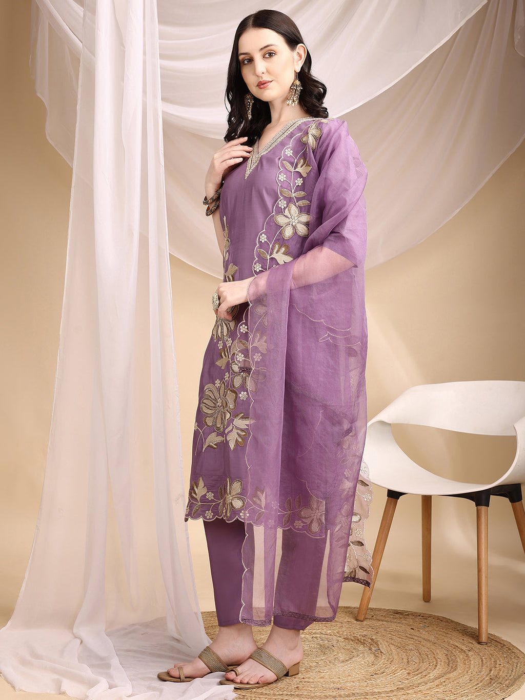 Lavender Chanderi Embroidered Kurta Set with Dupatta
