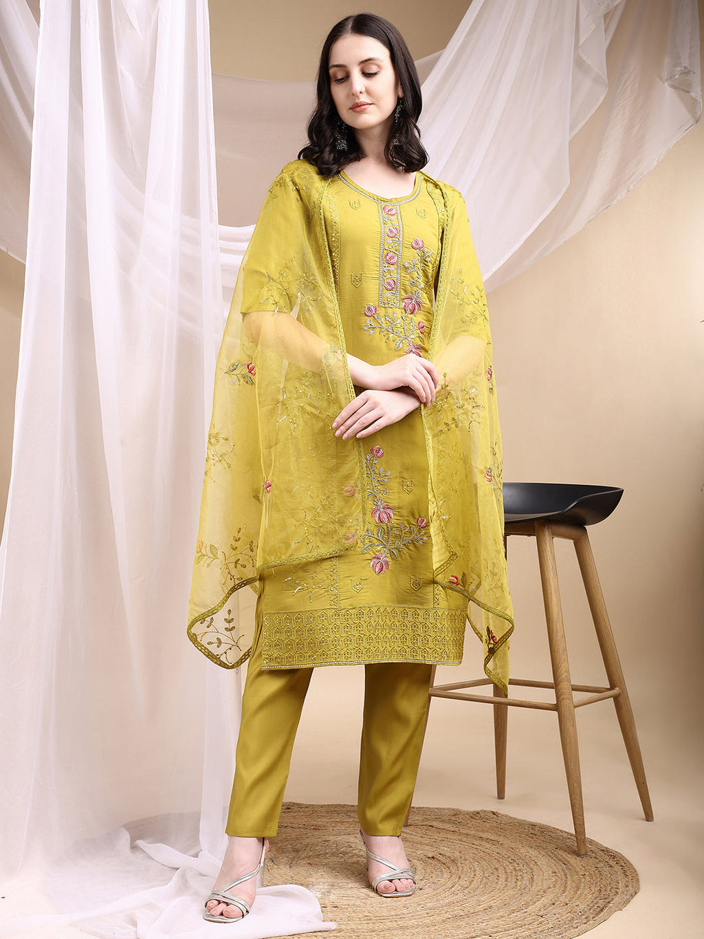Mustard Hand Embroidered Chanderi Kurta Set with Dupatta