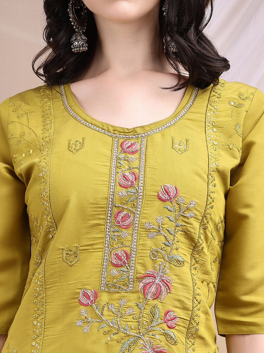 Mustard Hand Embroidered Chanderi Kurta Set with Dupatta