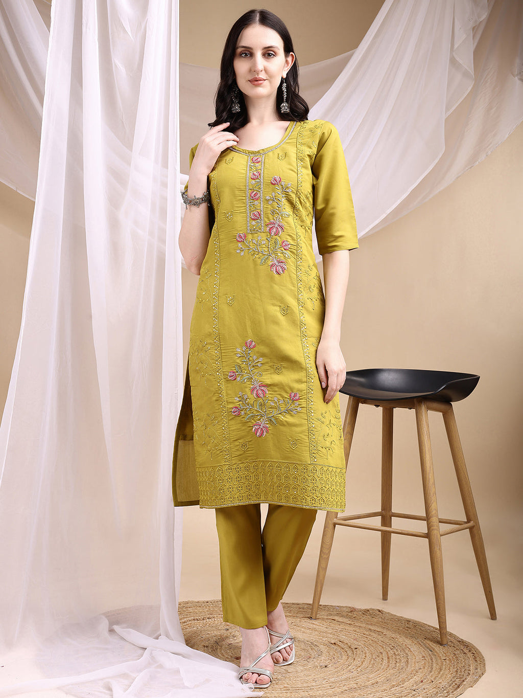 Mustard Hand Embroidered Chanderi Kurta Set with Dupatta
