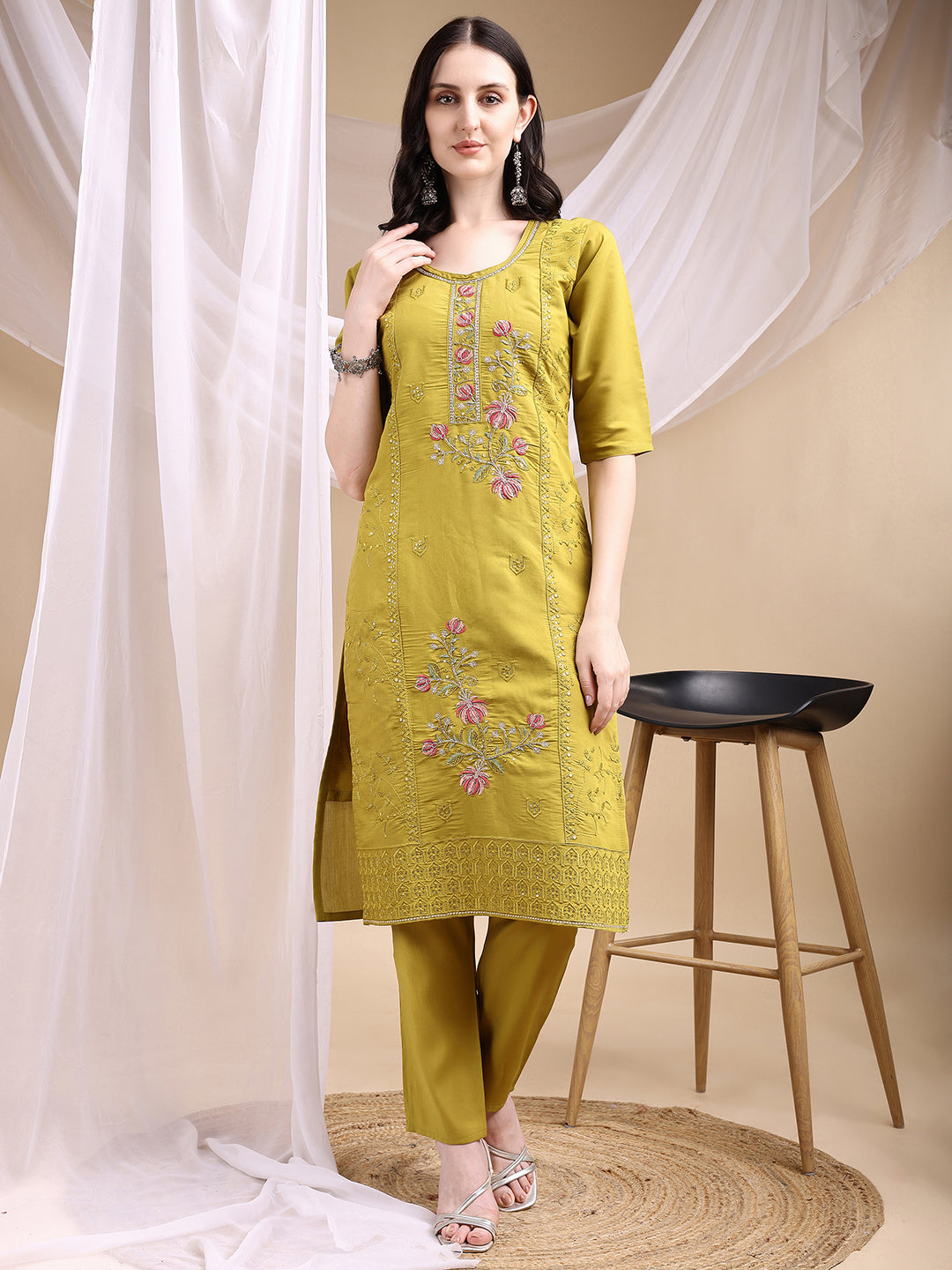 Mustard Hand Embroidered Chanderi Kurta Set with Dupatta