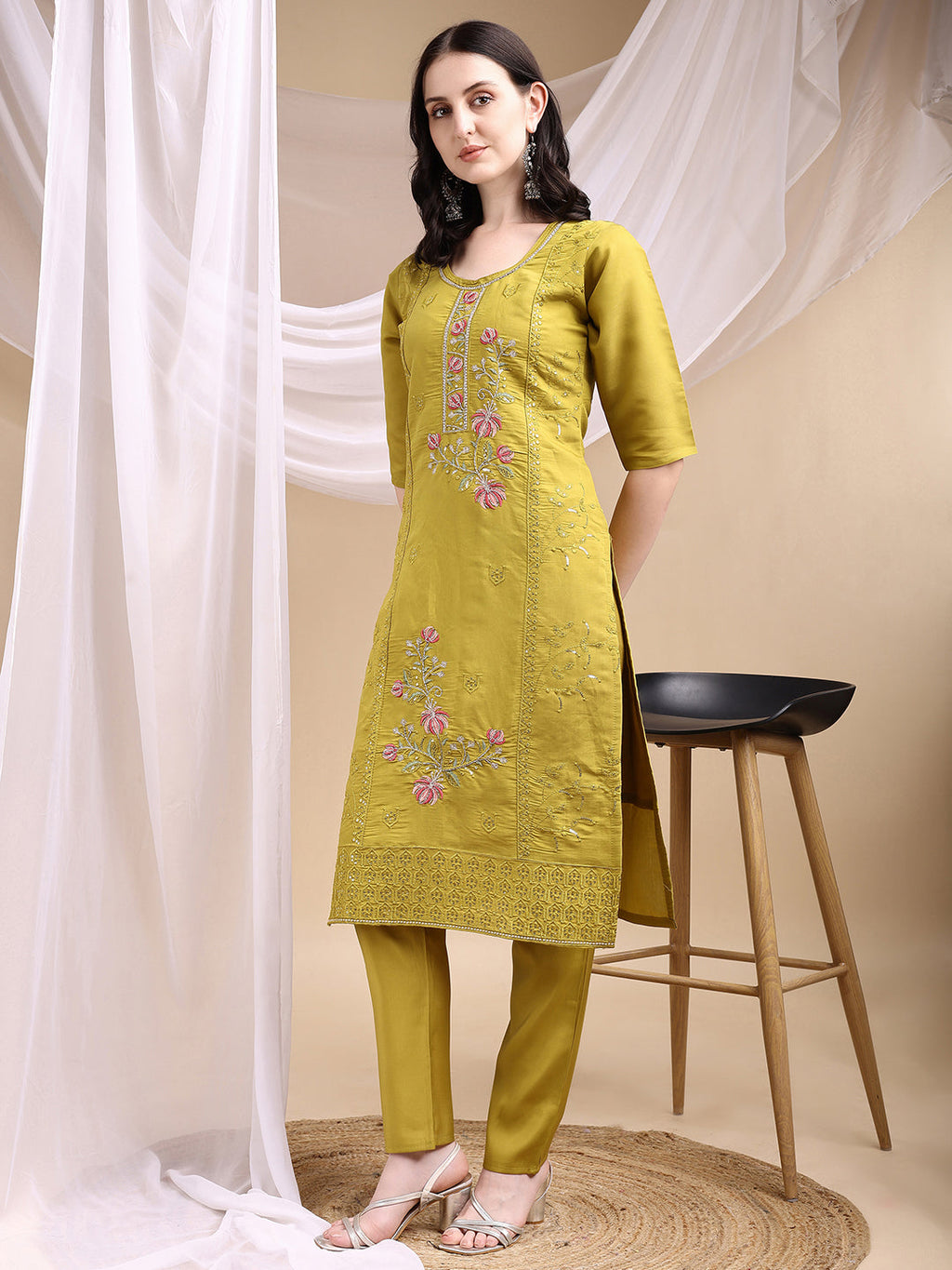 Mustard Hand Embroidered Chanderi Kurta Set with Dupatta