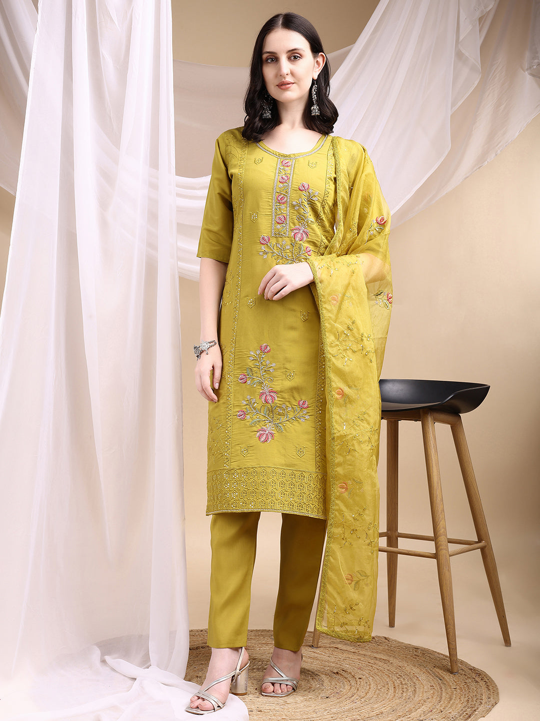 Mustard Chanderi kurta set with intricate hand embroidery and matching dupatta