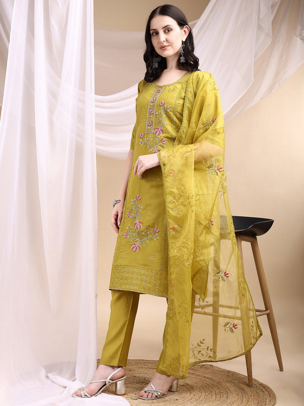 Mustard Hand Embroidered Chanderi Kurta Set with Dupatta