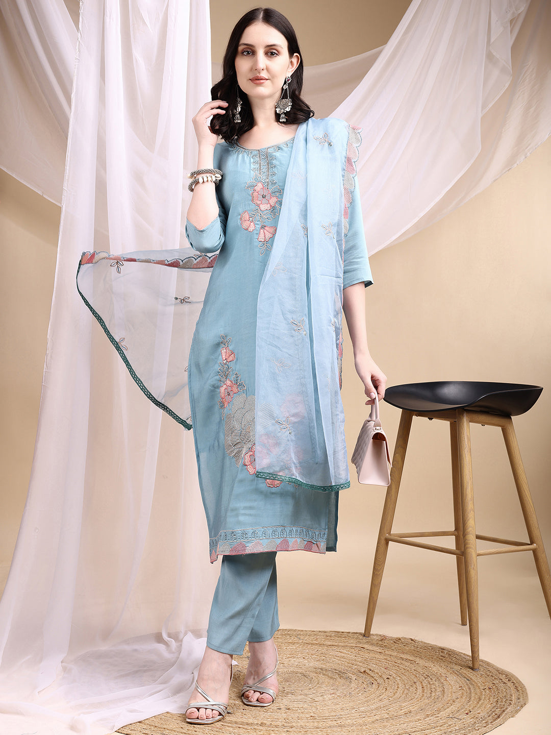 Turquoise Hand Embroidered Chanderi Kurta Set with Dupatta