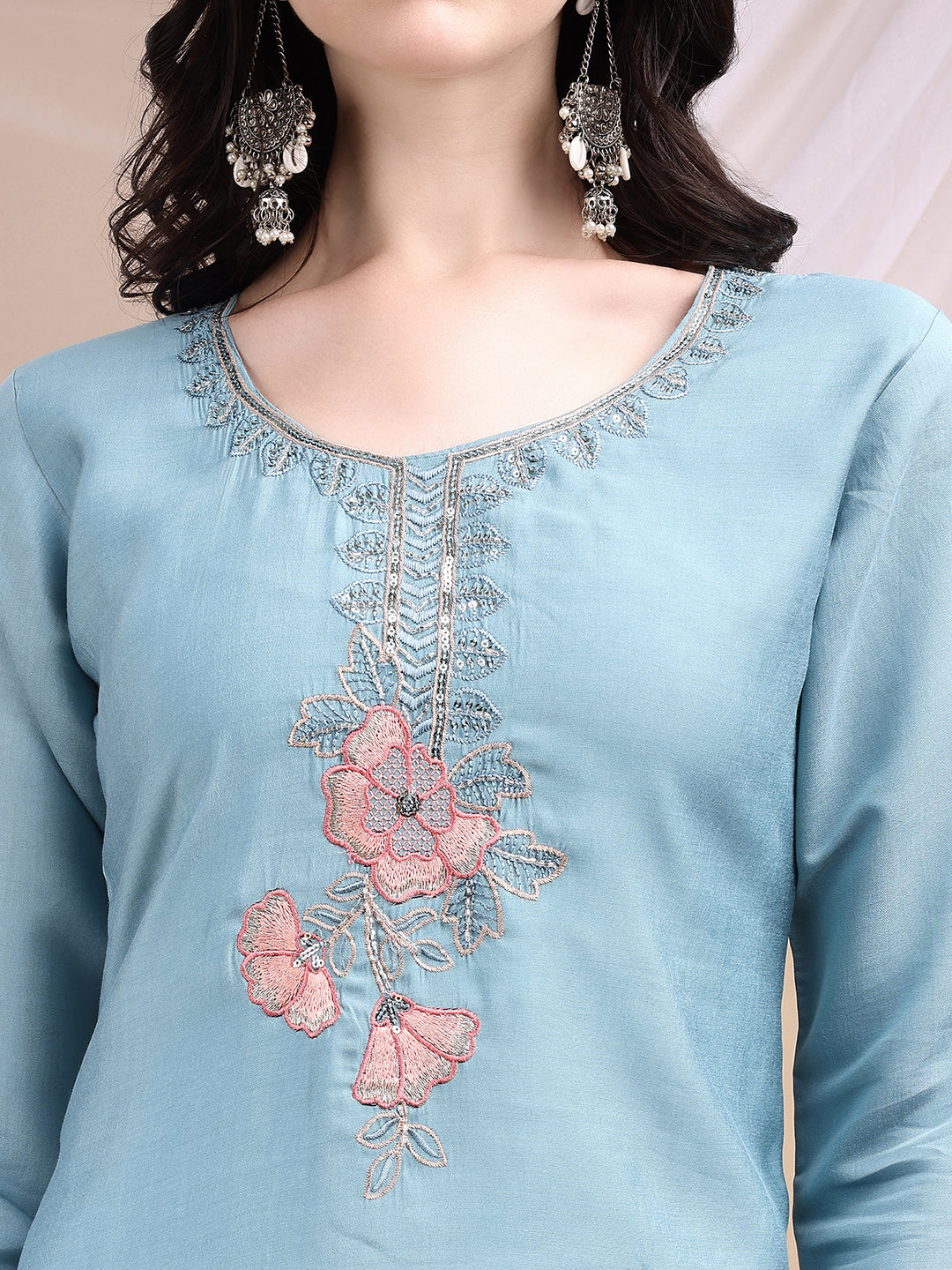 Turquoise Hand Embroidered Chanderi Kurta Set with Dupatta