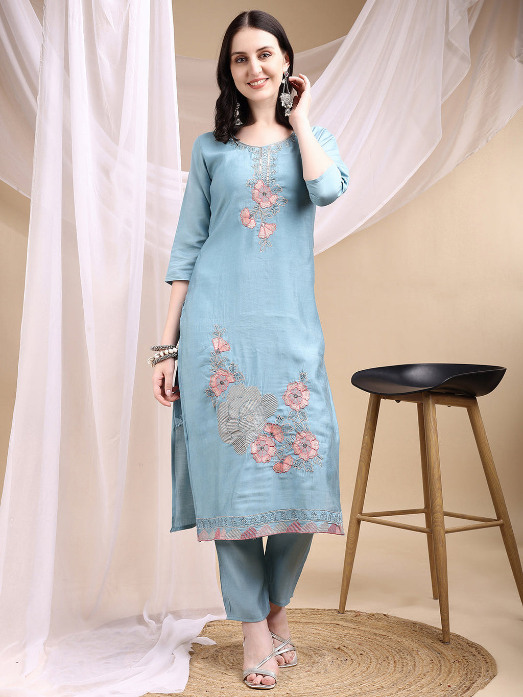 Turquoise Hand Embroidered Chanderi Kurta Set with Dupatta