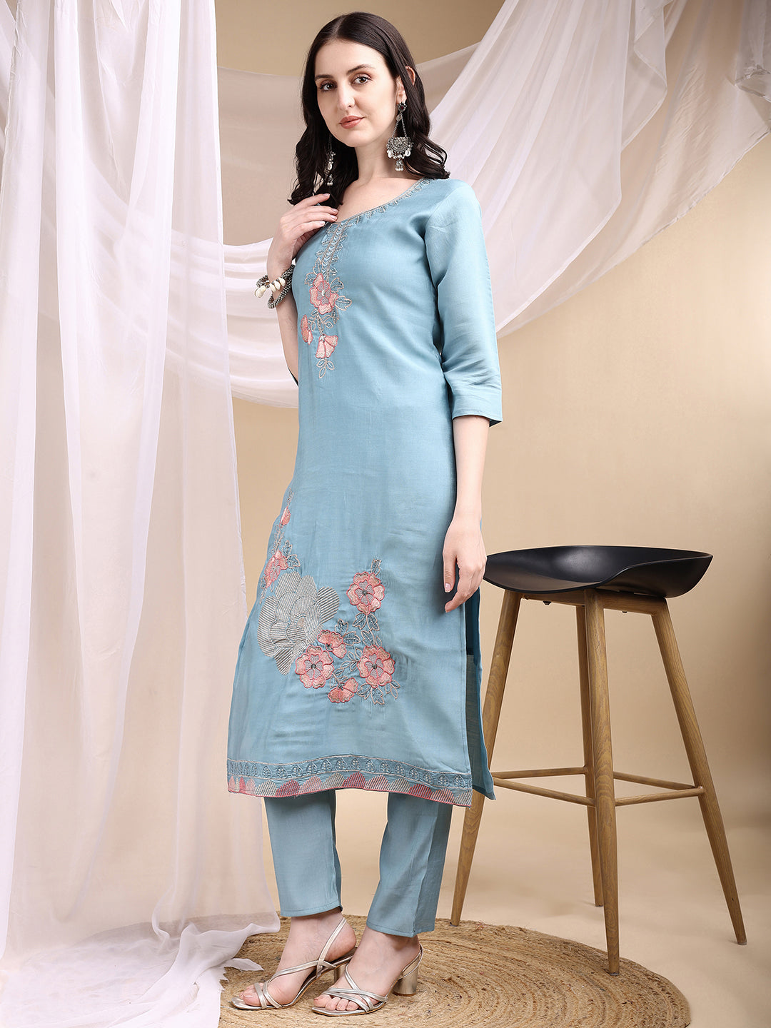 Turquoise Hand Embroidered Chanderi Kurta Set with Dupatta